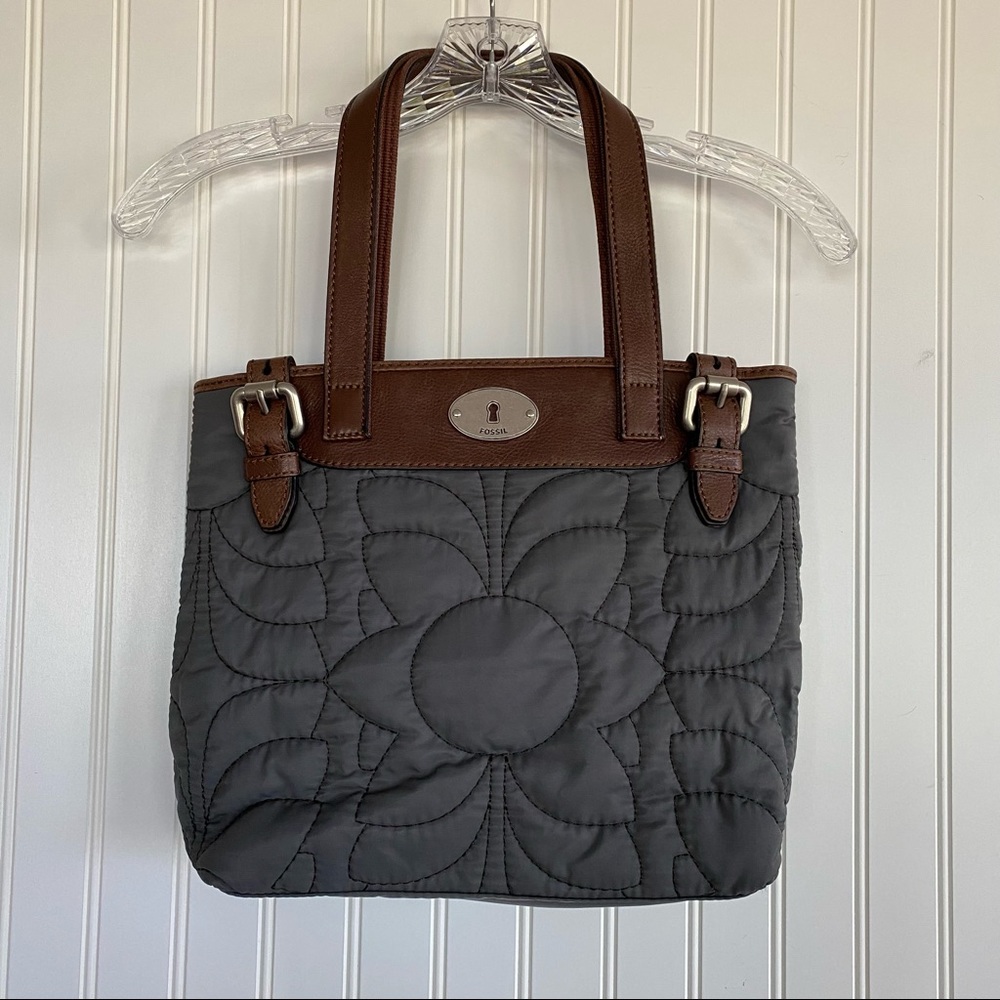 Fossil grey bag brown leather trim